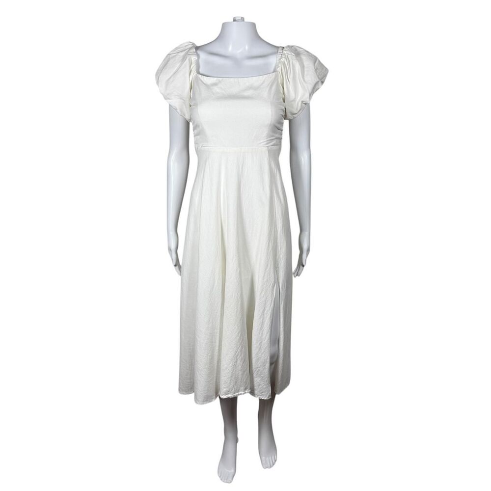 ASTR Women's Puff Sleeve Off Shoulder Linen A-Line Midi Dress In Off White Sz XS